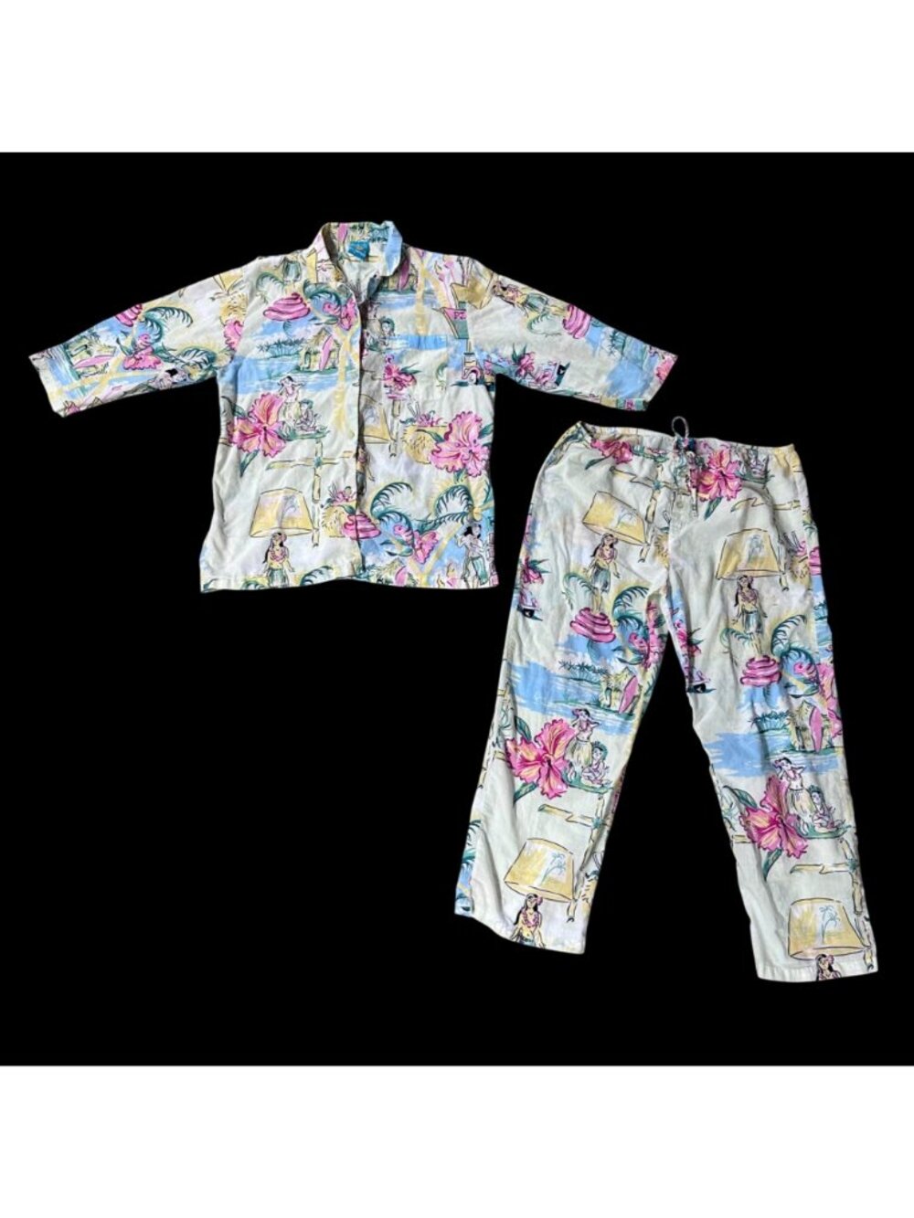 Womens Cotton Pajama Set PJ Salvage Tropical Hula Girl Beach Size Small READ - Picture 2 of 15